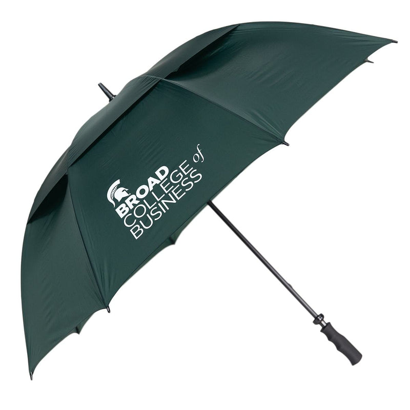 8-panel umbrella with a black handle and forest green panels. On one panel is a white right-aligned print of a Spartan helmet, a bold line reading Broad in all caps, a line reading college of, and a line reading business