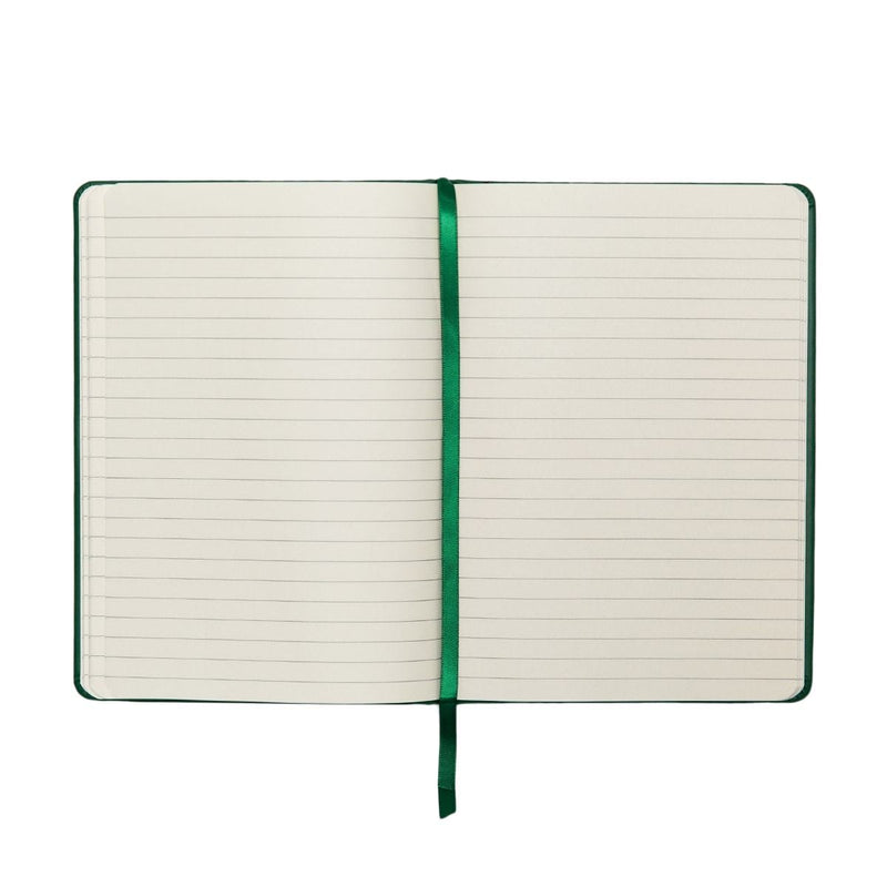 Interior pages of a notebook with a green bookmark ribbon.