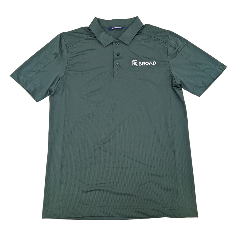 Dark green diamond weave polo shirt with Spartan helmet and Broad embroidered in white on left chest