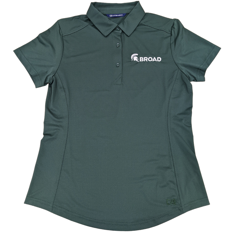 Dark green diamond weave collared polo shirt with Spartan helmet and Broad embroidered in white on left chest