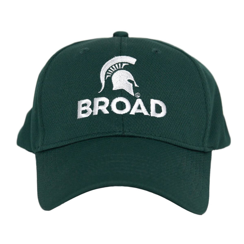 Forest green baseball cap with white embroidery of a Spartan helmet and all caps reading Broad centered on the front