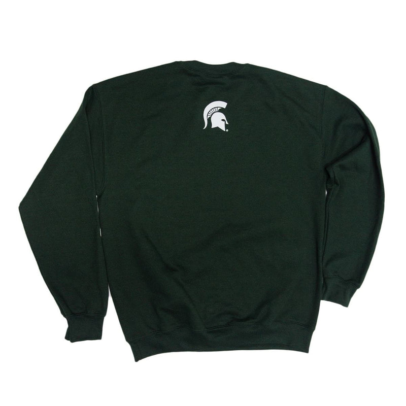 Back of a dark forest green crewneck sweatshirt. Just under the neckline is a white Spartan helmet print