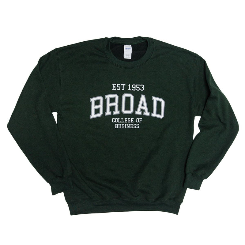 Dark forest green crewneck sweatshirt. Across the center chest is athletic style white text with a gray outline reading EST 1953 above arched text reading Broad. Below that are two lines reading "college of business" in the same font.