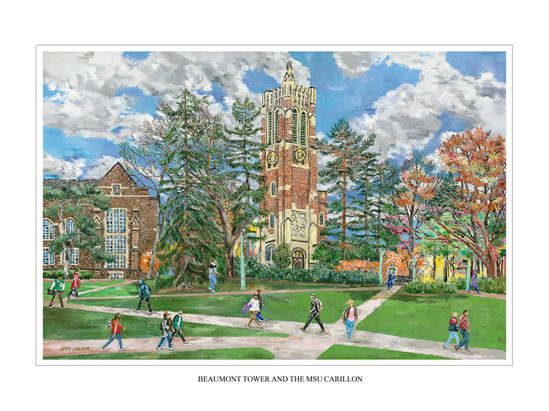 An illustration of Beaumont Tower in the fall with MSU students walking next to it on the neighboring sidewalks. 