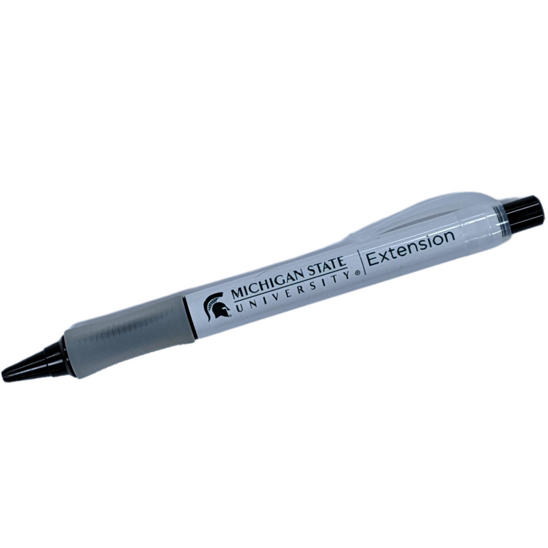 Closeup photo of the Big White and Black pen with the MSU Extension logo above the pen grip