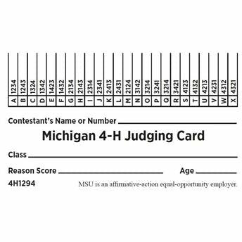 A copy of a Michigan 4H judging card in pink. The card includes fillable lines for contestant name, class, reason score, and age, along with 24 contestant categories.