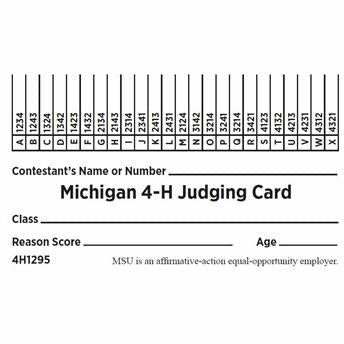 A copy of a Michigan 4H judging card in white. The card includes fillable lines for contestant name, class, reason score, and age, along with 24 contestant categories.
