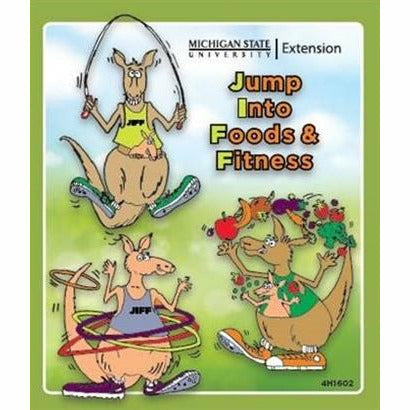 Cover of a children's book titled "Jump Into Foods & Fitness". The cover includes three kangaroos. One jumping rope, the second using a hula hoop, and the third juggling fruits and vegetables. 