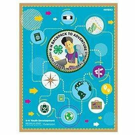 Cover of book titled "4-H Backpack to Adventure: Youth Leaders in a Global World". The center of the cover has an animated logo of a boy with a backpack next to the 4H clover logo, next to various travel icons that are all connected by dotted lines. 
