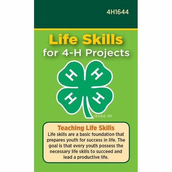 Cover of a pack of 4H Life Skills Pocket cards. The cards come with a 4H clover logo and text that gives tips on various life skills. 