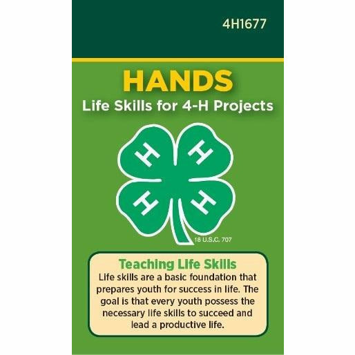 Cover of a pack of 4-H Hands Life Skills Pocket Cards. The cover includes the 4H clover logo and paragraph style text on various tips regarding life skills. 