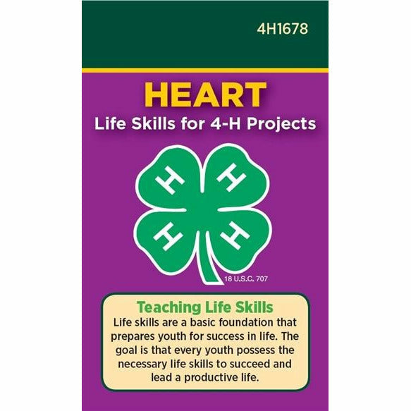 Cover of a pack of 4-H Heart Life Skills Pocket Cards. The cover includes the 4H clover logo and paragraph style text on various tips regarding life skills. 