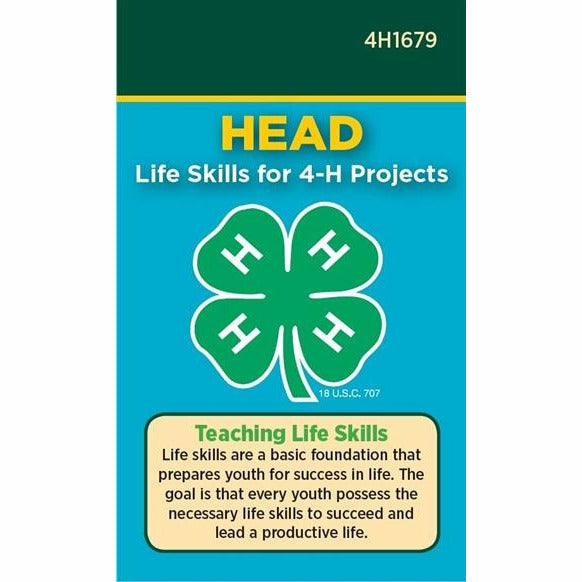 Cover of a pack of 4-H Head Life Skills Pocket Cards. The cover includes the 4H clover logo and paragraph style text on various tips regarding life skills. 