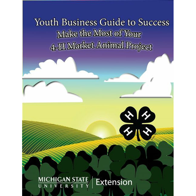 Cover of the "Youth Business Guide to Success." Background photo is an illustrated hilly field of crops with a sun setting. The 4-H clover logo and MSU Extension wordmark logo line the bottom of the graphic.
