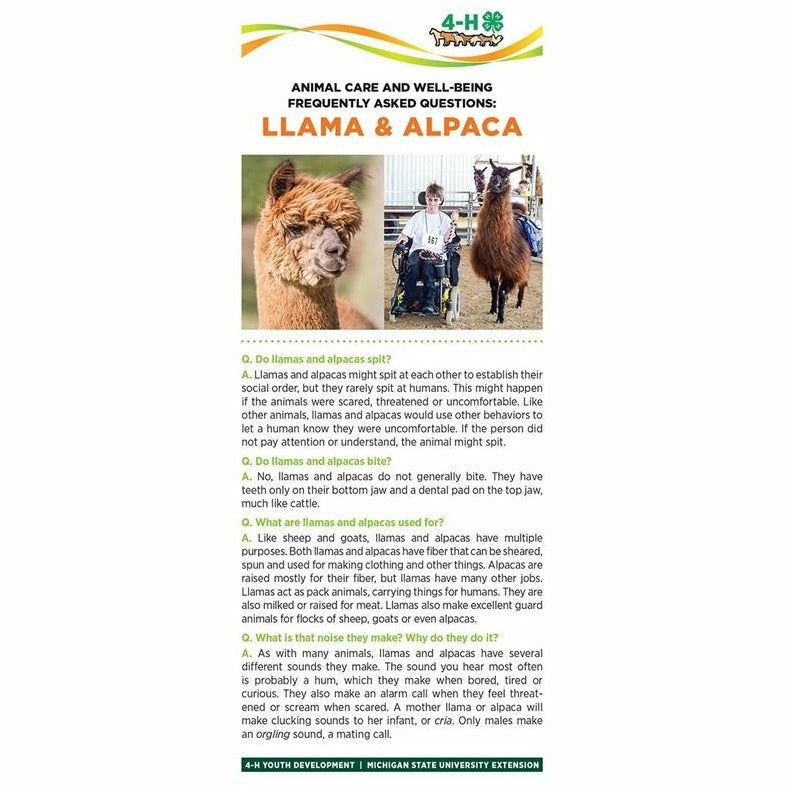 Bookmark titled "Animal care and well being frequently asked questions: Llama and alpaca." Pictures of an alpaca and a girl in a motorized wheelchair guiding an alpaca are at the top of the bookmark. The lower half of the bookmark contains text with headings listed in a question and answer format.