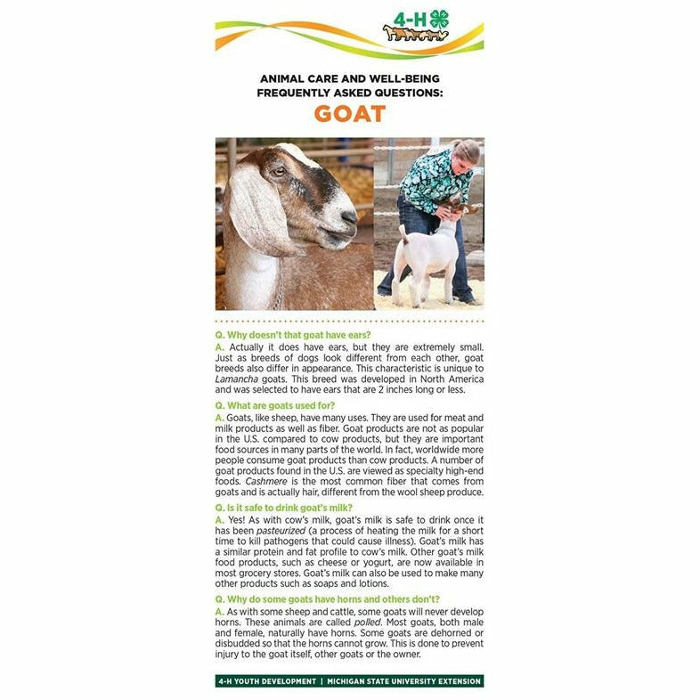 Bookmark titled "Animal care and well being frequently asked questions: Goat." Pictures of a goat and a girl holding a goat are at the top of the bookmark. The lower half of the bookmark contains text with headings listed in a question and answer format.