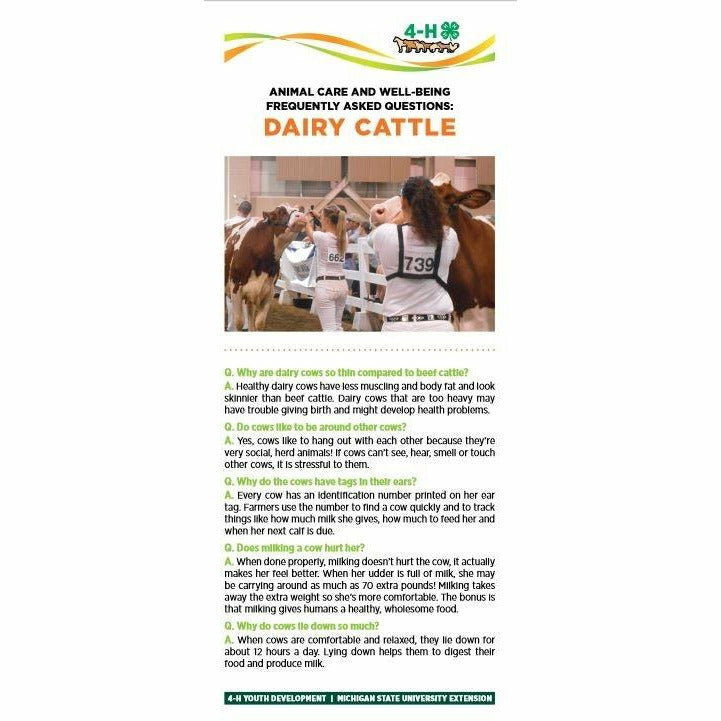 Bookmark titled "Animal care and well being frequently asked questions: Dairy Cattle." A Picture of girls holding cows are at the top of the bookmark. The lower half of the bookmark contains text with headings listed in a question and answer format.