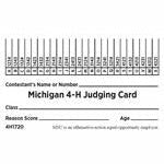 A copy of a Michigan 4H judging card in purple. The card includes fillable lines for contestant name, class, reason score, and age, along with 24 contestant categories.