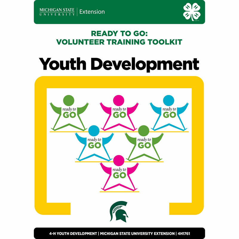 Cover of the manual "Ready to Go Unit 4: Youth Development." The cover shows six stick figures formed to make an upside-down pyramid, surrounded by a yellow box. 