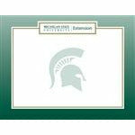 The front side of a certificate that has the MSU Extension signature at the top, followed by a green MSU spartan helmet logo underneath, surrounded by a spartan green border. 