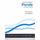 Cover of the guide "Managing Michigan Ponds for Sports Fishing". Underneath the title is a white background with three blue lines intersecting above and below each other. 
