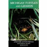 Cover of a book titled "Michigan Turtles and Lizards". Cover picture includes a turtle wading in a pond at night.