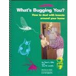 Cover of a book titled "What's Bugging You? How to Deal with Insects Around Home". The left side of the cover contains drawings of a mosquito, beetle, and a fly. While the right side of the cover includes a picture of a grandmother and grandson setting up a bug trap in their home. 