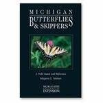 Cover a book titled "Michigan Butterflies and Skippers". The cover has a black background with a centered image of an orange and black butterfly sitting on a blade of grass. 