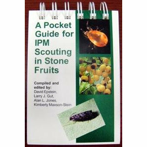 Cover of a book titled "A Pocket Guide for IPM Scouting in Stone Fruits". The cover has a white and green background. On the right side there are three images that include a picture of an orange beetle, yellow fruit hanging from a branch, and a black bug sitting on a leaf.
