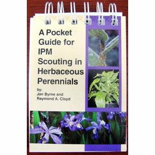 Cover of a guide titled "A Pocket Guide for IPM Scouting in Herbaceous Perennials". The cover has a cream and purple background with three total images. Two images on the right side are vertically aligned containing various green plants. A larger horizontal image of purple flowers rests near the bottom of the cover. 