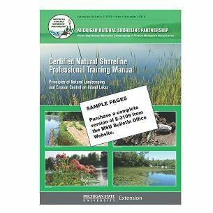 Cover of a manual titled "Certified Natural Shoreline Professional Training Manual". The cover has a green background with a white logo in the top left-hand corner. Amongst the cover include five images of weeds growing next to ponds, plants next to shorelines, and expansive views of waterways.  