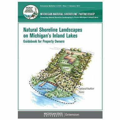 Cover of book titled "Natural Shoreline Landscapes on Michigan's Inland Lakes". The cover has a green and white background. The center of the cover contains an overhead drawing of a shoreline with circled sections of an aquatic zone, upland buffer zone, and an upland zone. 