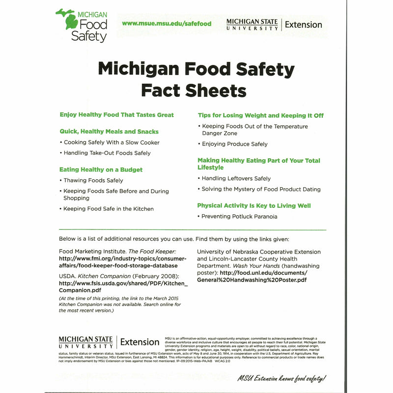 Fact sheet titled "Enjoying Food Safety". The sheet has a white background and contains green text headers with bulleted black text underneath each section. 