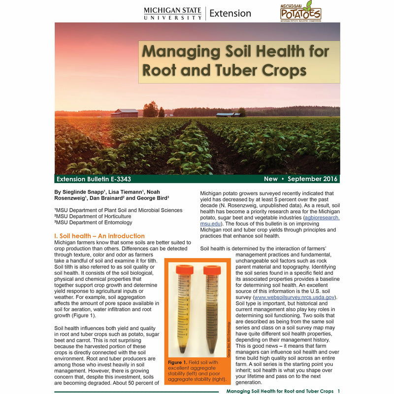Cover of a bulletin pamphlet titled "Managing Soil Health for Root and Tuber Crops". Behind the title is a background image of two barns sitting behind an open field of crops. Below the background image is paragraph style text with an accompanying image containing soil test tubes. 