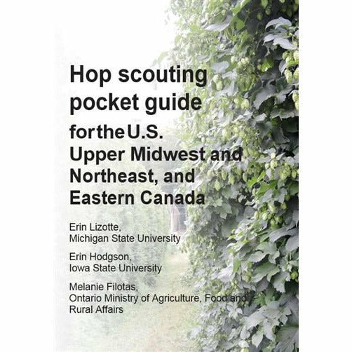Cover of the guide titled "Hop scouting pocket guide for the U.S. Upper Midwest and Northwest, and Eastern Canada". The cover contains a background image of growing hops fading into white.