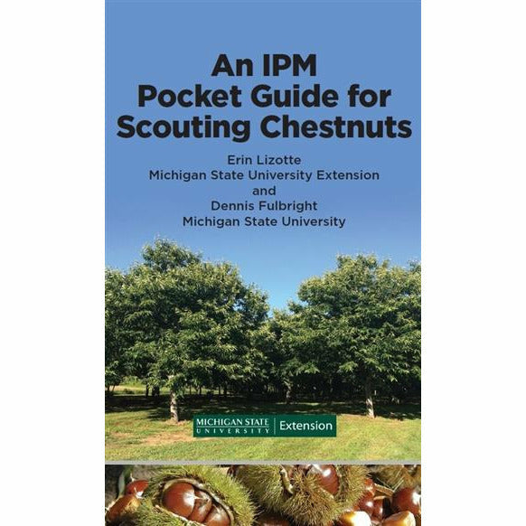 Cover of a guide titled "An IPM Pocket Guide for Scouting Chestnuts". The cover contains a background image of trees in an open yard. 
