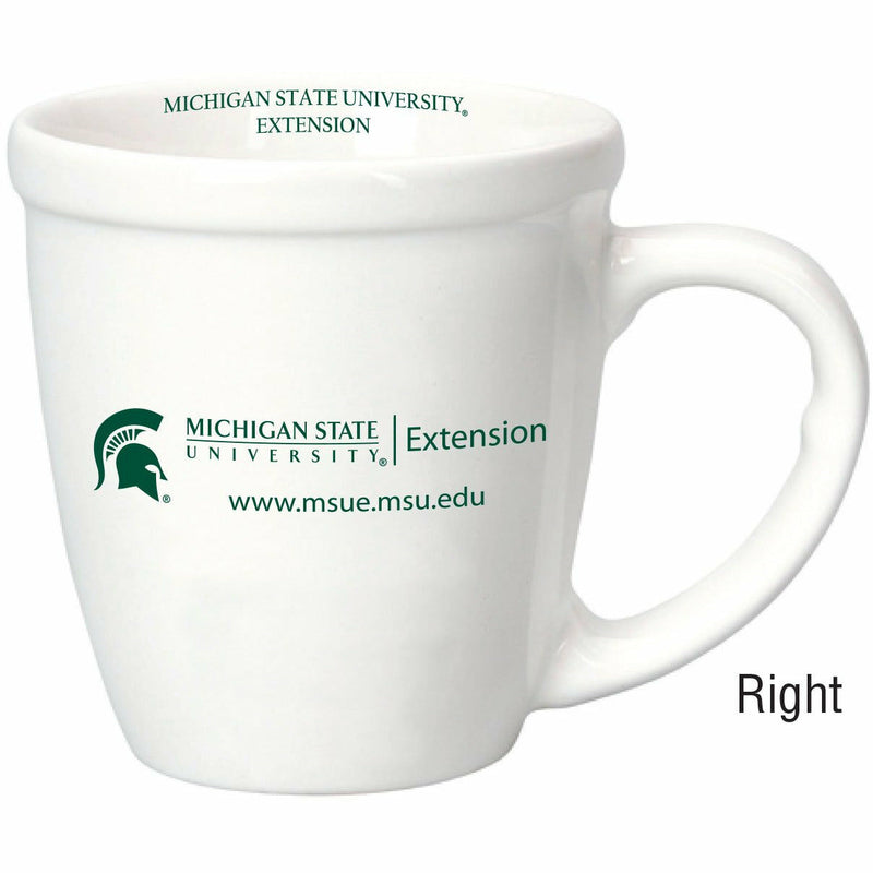 A white coffee mug with the MSU Extension logo only on the right side of the mug. The MSU Extension web address is placed underneath the logo. The text is in Spartan green. 