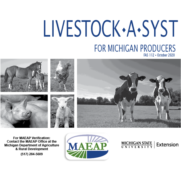 Cover of bulletin titled "Livestock-A-Syst". The cover contains images of various livestock including horses, chickens, sheep, pigs, and cows. The bottom of the cover contains logos for the MAEAP and MSU Extension. 