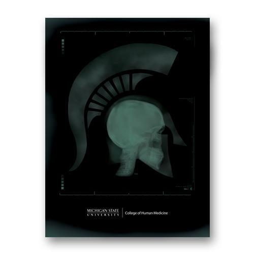 A head wearing a Spartan helmet in an x-ray style graphic with the College of Human Medicine wordmark underneath
