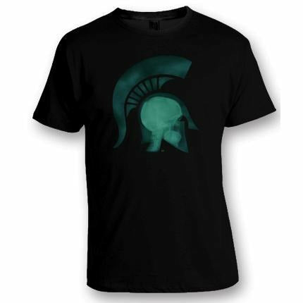 Black Short-sleeve t-shirt with a graphic of a head wearing a Spartan helmet being x-rayed