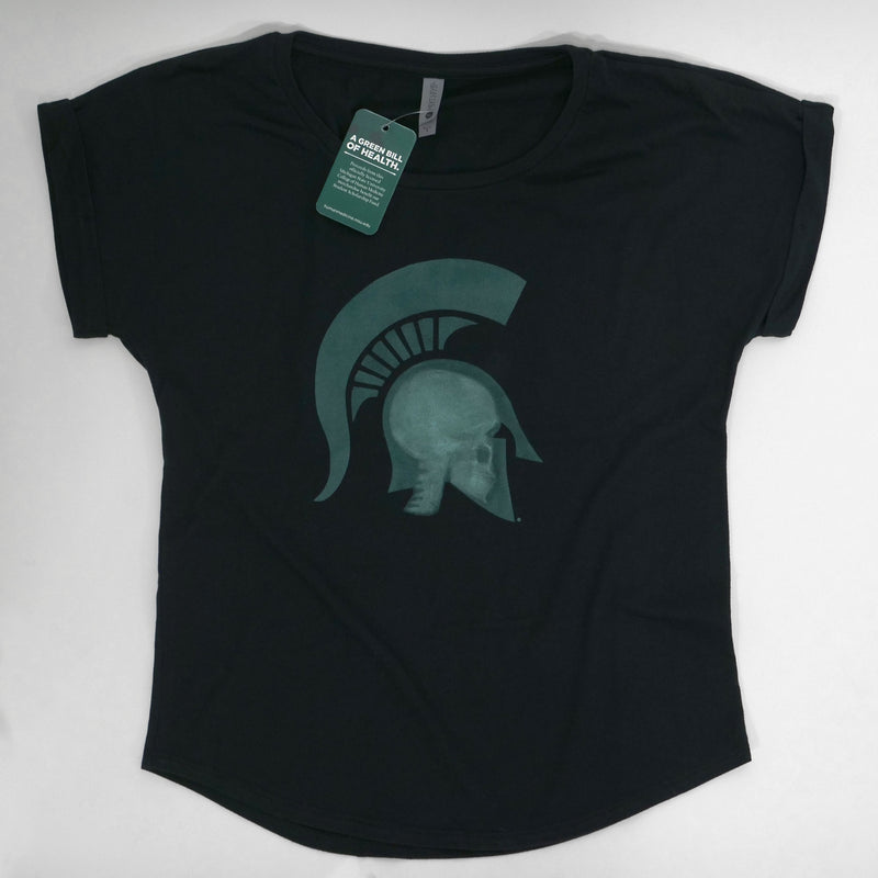 Flat view of the Black Short-sleeve scoopneck t-shirt with a graphic of a head wearing a Spartan helmet being x-rayed