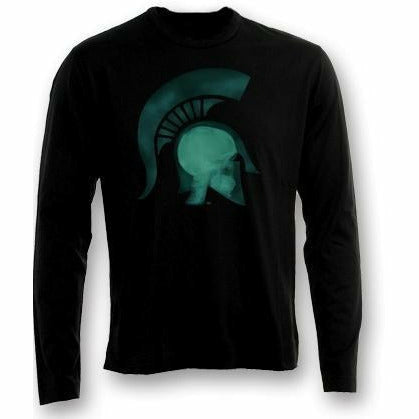Black long-sleeve t-shirt with a graphic of a head wearing a Spartan helmet being x-rayed