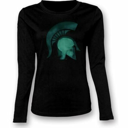 Black long-sleeve t-shirt with a graphic of a head wearing a Spartan helmet being x-rayed