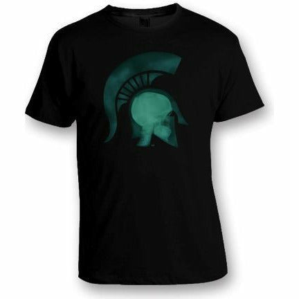 Black Short-sleeve t-shirt with a graphic of a head wearing a Spartan helmet being x-rayed