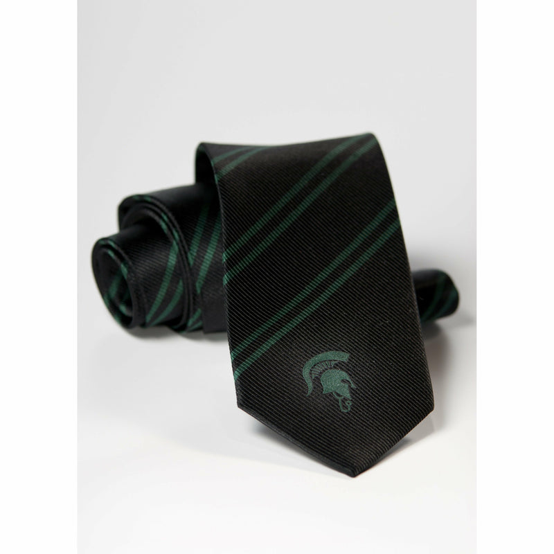 A black tie with dark green double stripes on a recurring diagonal pattern. Near the tip of the tie is a green Spartan helmet wearing a stethoscope