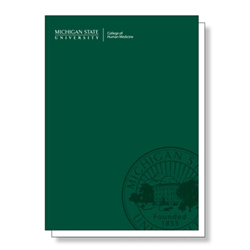 Forest green notecard with a dark watermark of the MSU seal on the bottom right corner. Top left corner has the College of Human Medicine wordmark
