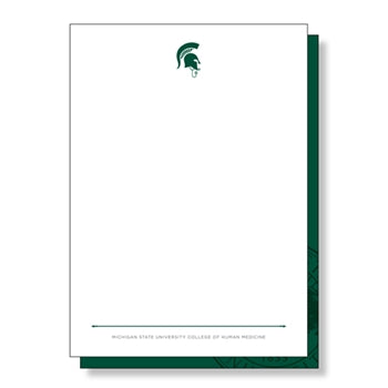 Backside of the notecard which is white with the dark green Sparty MD logo (Spartan helmet with a stethoscope). Along the bottom is the College of Human Medicine address block