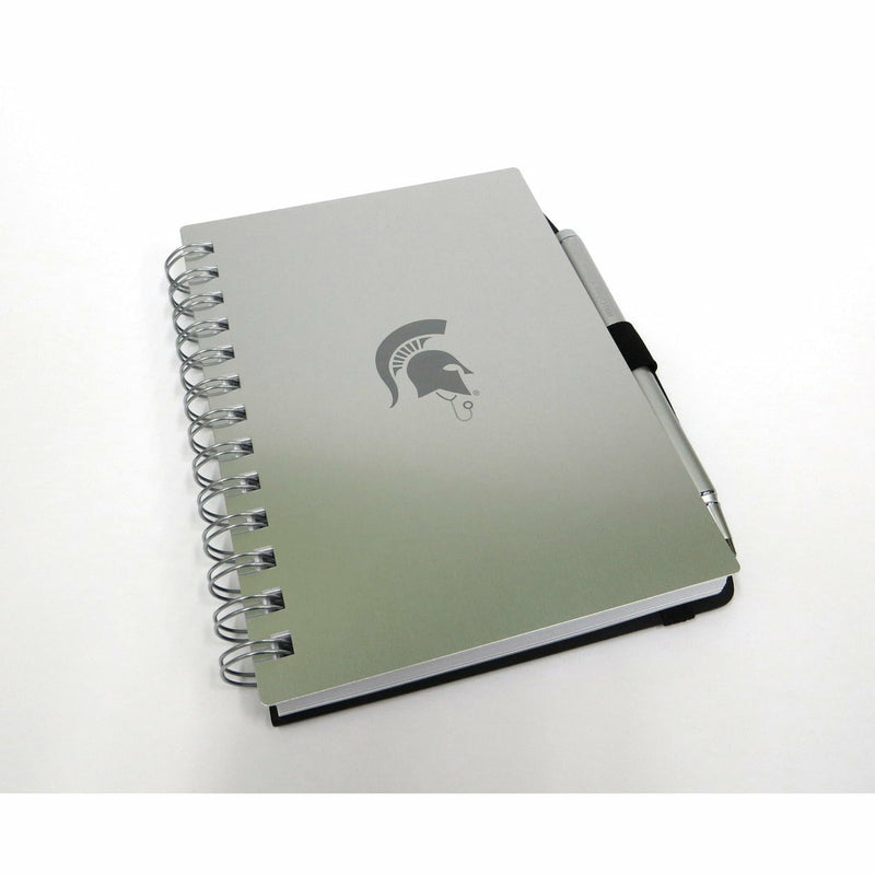 Pale green spiral bound notebook with a dark green imprint of a spartan helmet wearing a stethoscope and a matching pen wrapped to the side.