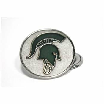 Silver circular lapel pin with an embossed dark green Sparty wearing a stethoscope (the Sparty MD logo)