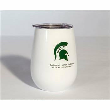 Front view of a stemless wine-glass shaped travel tumbler in a glossy white finish with a clear lid. On the front is a dark green spartan helmet with font reading College of Human Medicine, Michigan State University